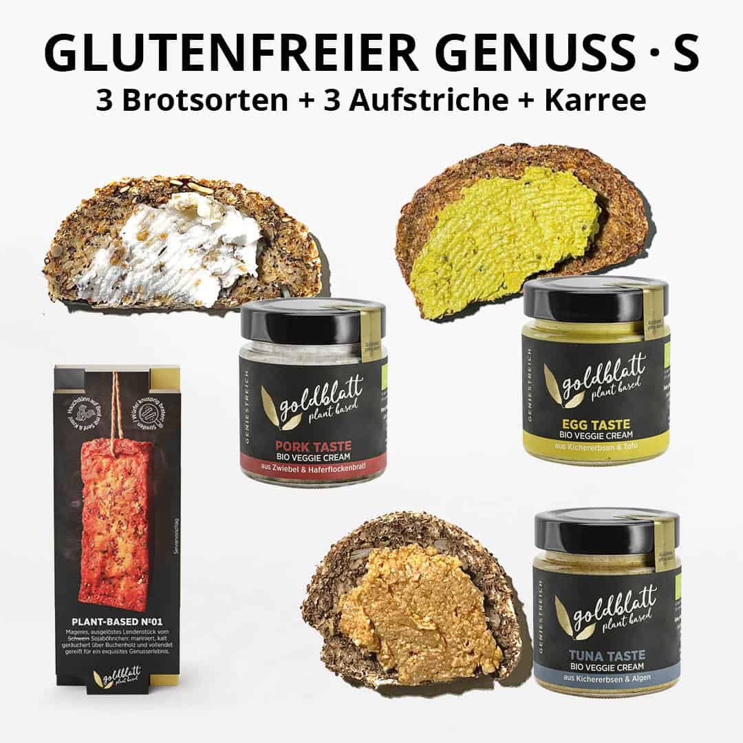 Genusspaket Glutenfrei mit 3 Brotbackmischungen, 3 Edelaufstrichen und veganes Karree